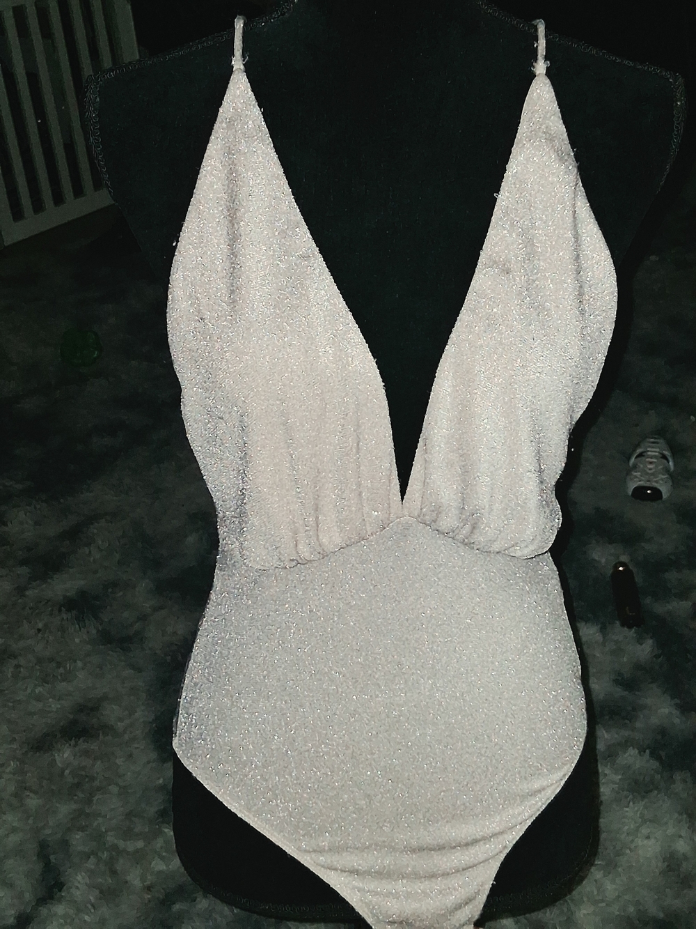 Shimmer Plunge V-Neck Bodysuit — White